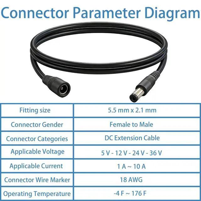 Alt view image 5 of 7 - 3.3FT 18AWG 5521 Male to Female Connector, 12V/24V DC Extension Cable(Black), Suitable for LED Strips, Security Cameras, routers, Monitors, and dashcams 1PCS