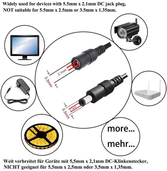 Alt view image 4 of 5 - 2pcs 1m 3.3ft DC Extension Cable 12V Extension Cord 5V-24V Power Cord 5.5mm x 2.1mm DC Jack Plug Adapter Male to Female for Car Monitor, CCTV Camera, LED Strip Light, etc, Black