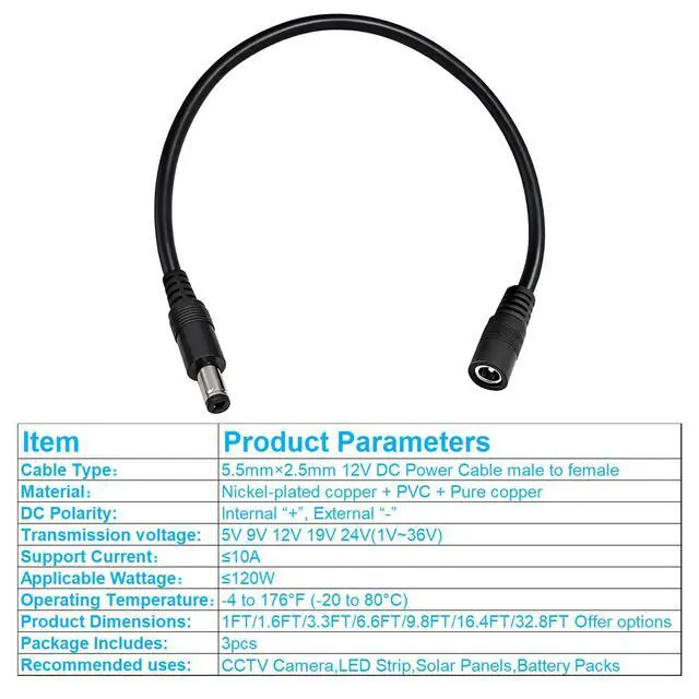 Alt view image 5 of 5 - 5.5mm x 2.5mm 12V DC Power Cable 3-Pack,DC5525 Male to Female Extension Cable 18AWG for CCTV Surveillance Camera,LED Strip,Solar Panels and Power Adapters1FT