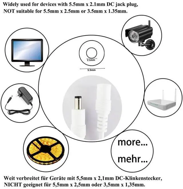 Alt view image 4 of 4 - 2pcs 1m 3.3ft DC Extension Cable 12V Extension Cord DC 5V-24V Power Cord 5.5mm x 2.1mm DC Jack Plug Adapter Male to Female for Car Monitor, CCTV Camera, LED Strip, etc., White