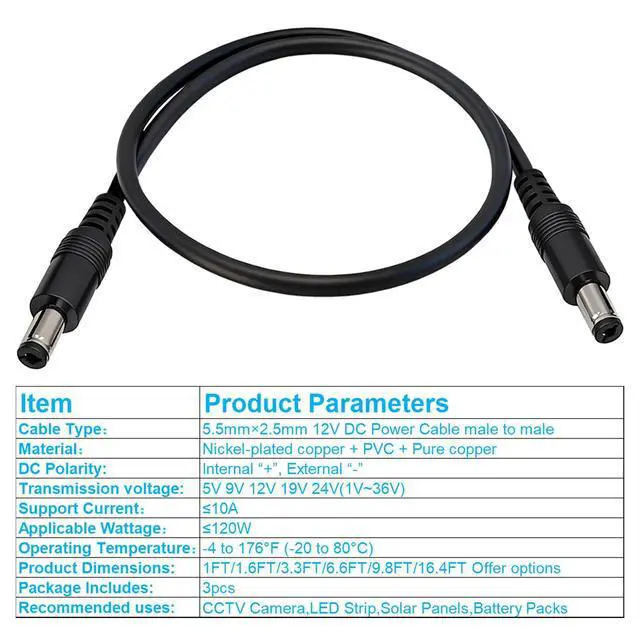 Alt view image 5 of 5 - 5.5mm x 2.5mm 12V DC Power Cable 3-Pack,DC5525 Male to Male Extension Cable 18AWG for CCTV Surveillance Camera,LED Strip Light Dimmer,Solar Panels,Router,1.6FT