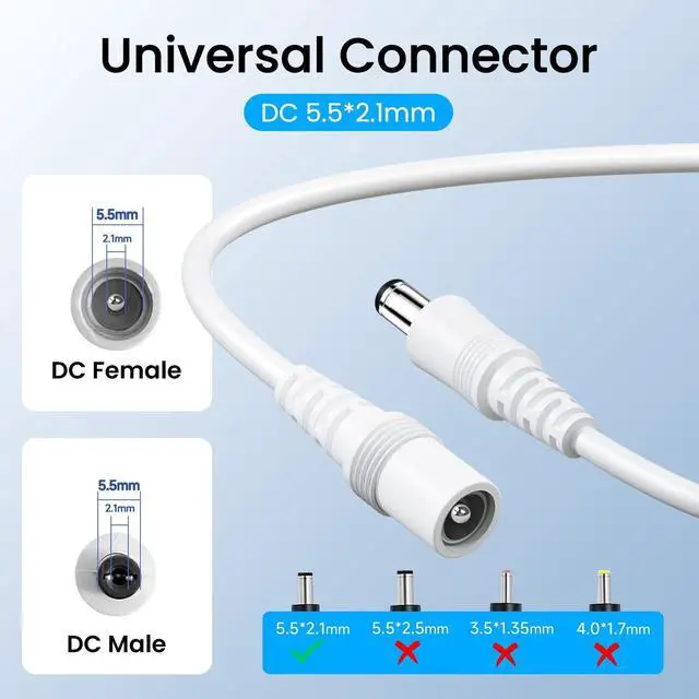Alt view image 2 of 7 - 2PCS 3FT/1M Pure Copper Power Extension Cable, 5.5mm x 2.1mm Female to Male, DC 12V Power Extension Cord for Security Camera CCTV IP, Router, LED Strip, DC Power Supply Adapter and More-White