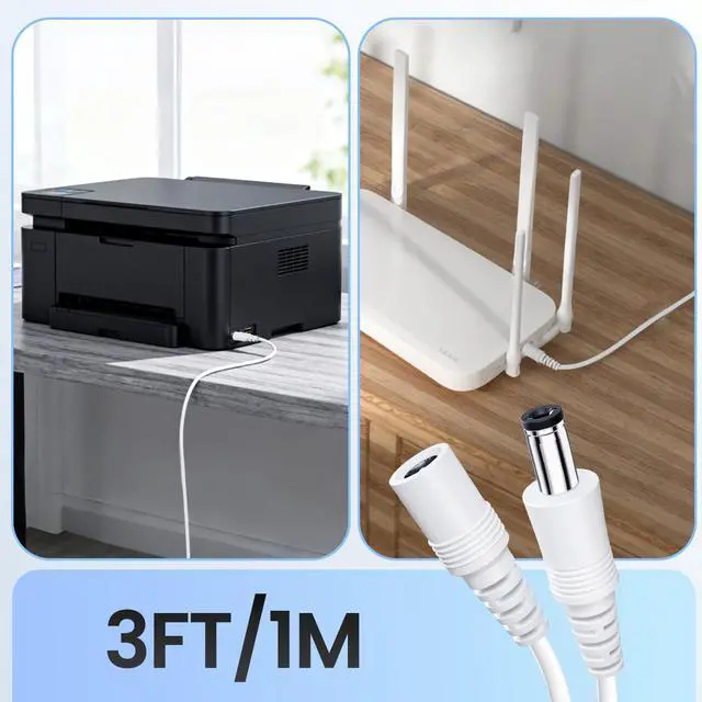 Alt view image 6 of 7 - 2PCS 3FT/1M Pure Copper Power Extension Cable, 5.5mm x 2.1mm Female to Male, DC 12V Power Extension Cord for Security Camera CCTV IP, Router, LED Strip, DC Power Supply Adapter and More-White
