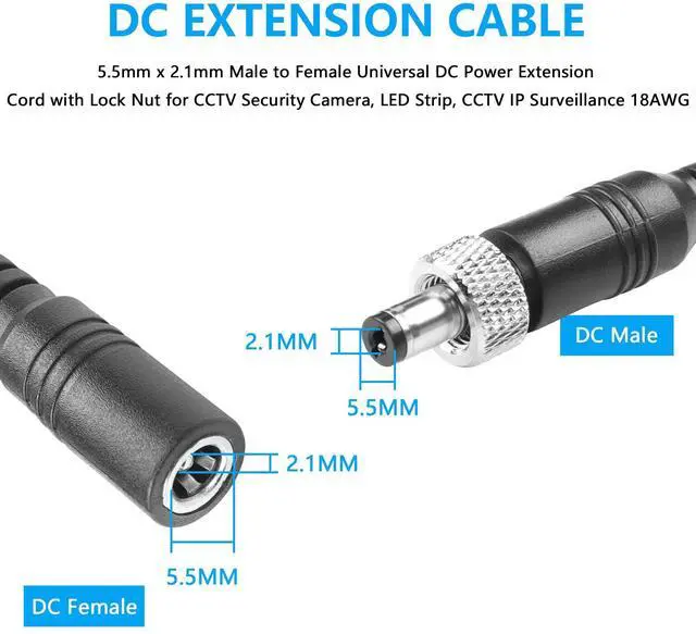 Alt view image 2 of 7 - 4.92FT DC 12V Power Extension Cable, 5.5mm x 2.1mm Male to Female Universal DC Power Extension Cord with Lock Nut for CCTV Security Camera, LED Strip, CCTV IP Surveillance 18AWG