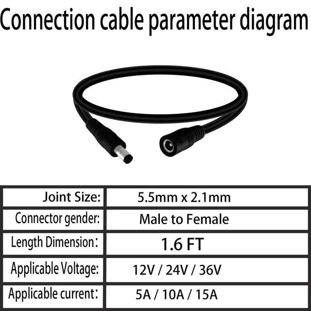 Alt view image 3 of 3 - 5.5mm x 2.1mm 1.6FT DC Power Extension Cable Male to Female 12V/24V 14AWG DC Connection Cable for CCTV Surveillance Camera Amplifiers LED Strip Lights Solar Panels Energy Storage Power Supply 2 pcs
