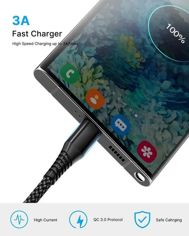 Alt view image 3 of 7 - USB C Cable 10FT 2Pack USB A to Type C Charger Cable 3A Fast Charging Phone Cord for Samsung Galaxy S23 S22 S21 S20 A01 A02s A10e A11 A50 A52, Note 20 Ultra S21, Stylus Power G7 G6 Z4,LG G7 G8