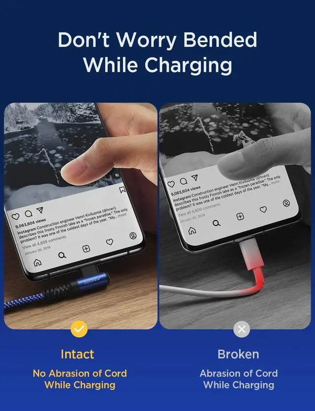 Alt view image 5 of 6 - USB C Cable 60W 2-Pack 10ft Nylon Braided USB C to USB C Cable Type C Charger Fast Charging Right Angle USBC Cable Charger Cord for iPhone 16 Pro Max 15 Plus Samsung S24 S23 iPad Pro Blue