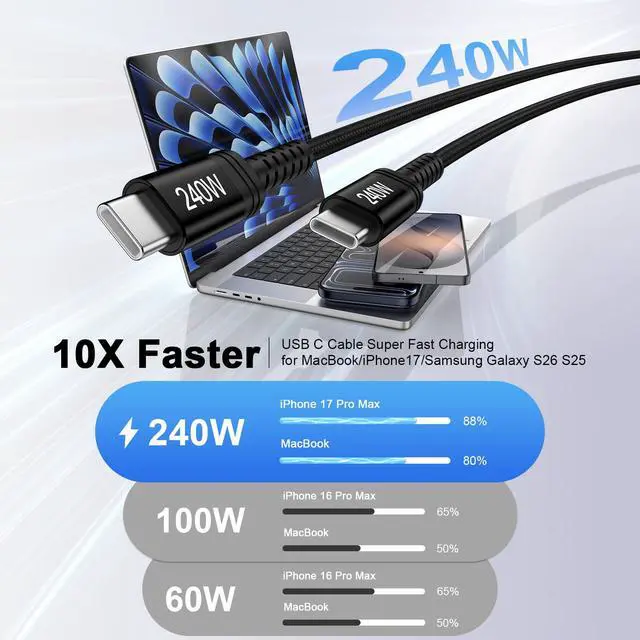 Alt view image 2 of 7 - USB Type C Charger 10FT 240W USBC to USBC Cable Fast Charging Long Cord for iPhone 17 16 15, iPad Pro/Air, MacBook, Laptops, Samsung Galaxy A37 A57 A36 A26 S26 Ultra S26 Plus S25 Ultra S25 A17 A16 A56