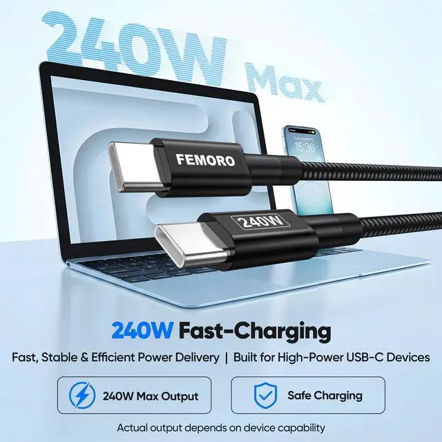 Alt view image 3 of 7 - USB C Charging Cable 240W 6ft, USB-C Fast Charging Cord Braided with 240W Power Delivery for iPhone 15/16/17 Galaxy S24/S25/S26 iPad MacBook Air/Pro/Neo Laptop and More