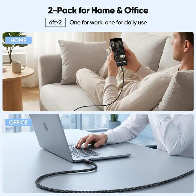 Alt view image 7 of 7 - USB C Charging Cable 240W 6ft, USB-C Fast Charging Cord Braided with 240W Power Delivery for iPhone 15/16/17 Galaxy S24/S25/S26 iPad MacBook Air/Pro/Neo Laptop and More