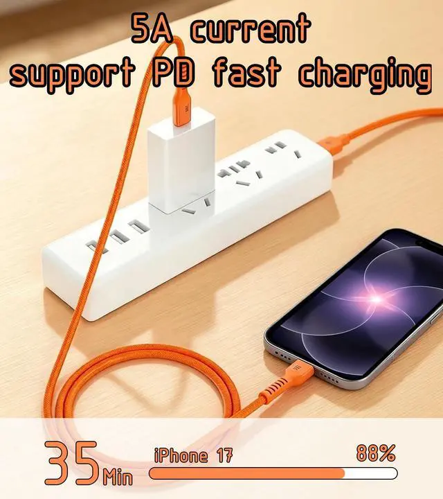 Alt view image 3 of 7 - 240W USB-C to USB-C Cable 6.6FT Orange, Super Fast Charging Type-C to Type-C Charger Cable Braided Compatible with MacBook, iPhone 17/16/15, iPad, Samsung Galaxy, Carplay/Auto, PS5, Switch, Laptop