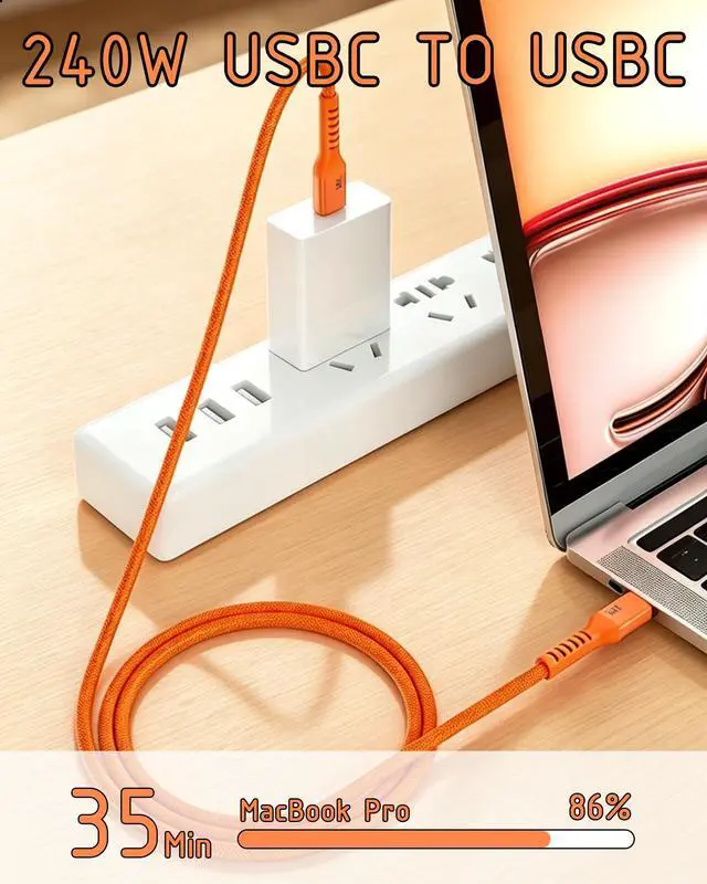 Alt view image 2 of 7 - 240W USB-C to USB-C Cable 6.6FT Orange, Super Fast Charging Type-C to Type-C Charger Cable Braided Compatible with MacBook, iPhone 17/16/15, iPad, Samsung Galaxy, Carplay/Auto, PS5, Switch, Laptop