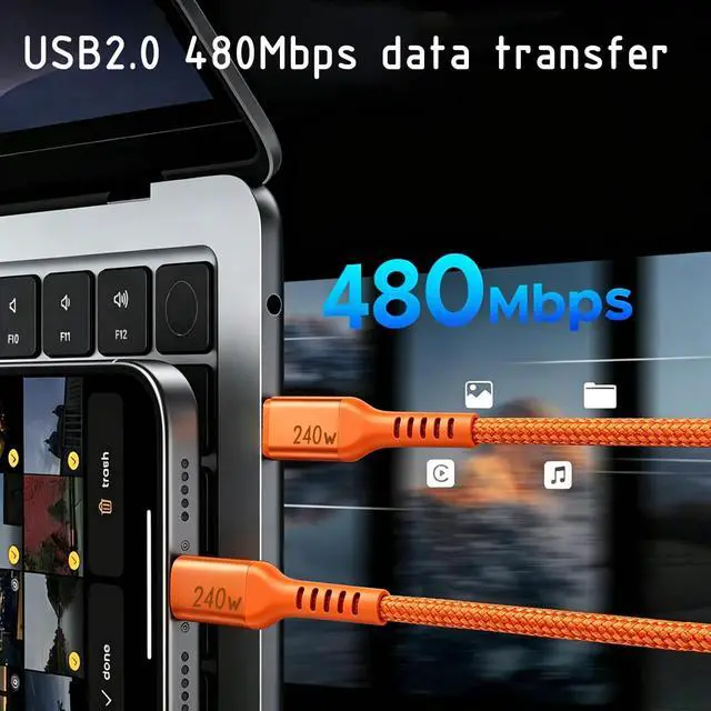Alt view image 4 of 7 - 240W USB-C to USB-C Cable 6.6FT Orange, Super Fast Charging Type-C to Type-C Charger Cable Braided Compatible with MacBook, iPhone 17/16/15, iPad, Samsung Galaxy, Carplay/Auto, PS5, Switch, Laptop