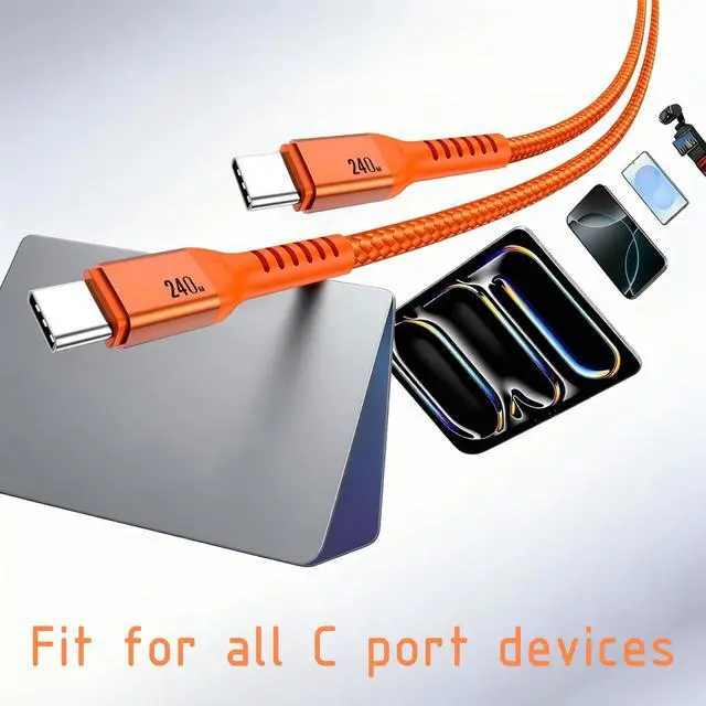 Alt view image 5 of 7 - 240W USB-C to USB-C Cable 6.6FT Orange, Super Fast Charging Type-C to Type-C Charger Cable Braided Compatible with MacBook, iPhone 17/16/15, iPad, Samsung Galaxy, Carplay/Auto, PS5, Switch, Laptop