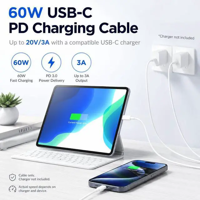 Alt view image 2 of 7 - 3-Pack 6FT USB-C to USB-C Charging Cable, 60W PD Fast Charging Type C Cord for iPhone 17/16/15 Pro Max Plus, iPad Pro/Air, MacBook Air/Pro, Samsung Galaxy S26/S25/S24, White
