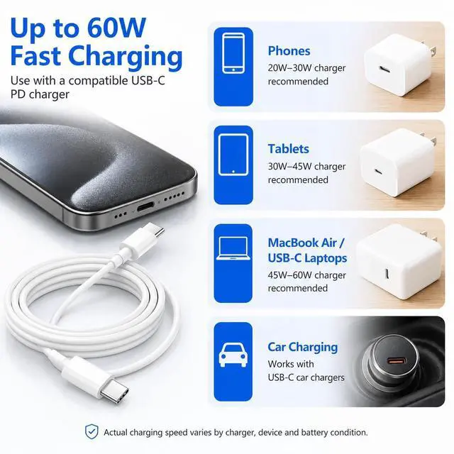 Alt view image 4 of 7 - 3-Pack 6FT USB-C to USB-C Charging Cable, 60W PD Fast Charging Type C Cord for iPhone 17/16/15 Pro Max Plus, iPad Pro/Air, MacBook Air/Pro, Samsung Galaxy S26/S25/S24, White