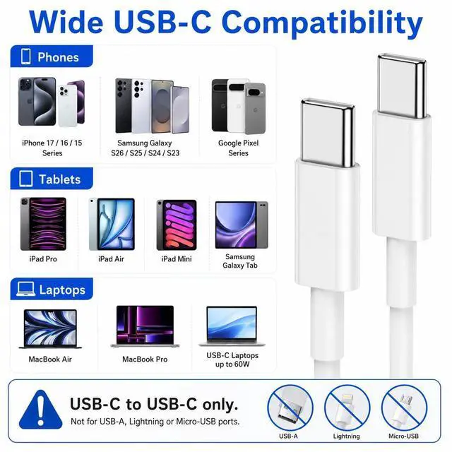 Alt view image 7 of 7 - 3-Pack 6FT USB-C to USB-C Charging Cable, 60W PD Fast Charging Type C Cord for iPhone 17/16/15 Pro Max Plus, iPad Pro/Air, MacBook Air/Pro, Samsung Galaxy S26/S25/S24, White