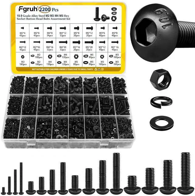 Main image of 2200PCS M2 M3 M4 M5 Metric Screws Assortment Kit, Hex Socket Button Head Assorted kit, Machine Screw Set with Nuts & Washers,10.9 Alloy Steel Black Zinc Plated for 3D Printing