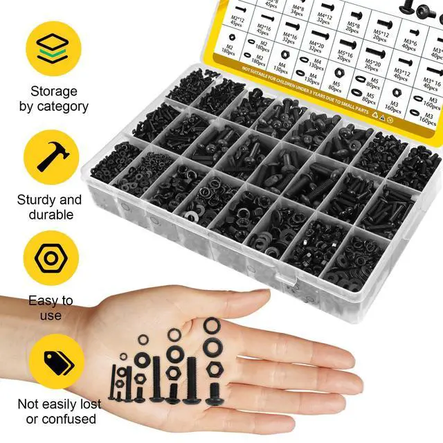 Alt view image 6 of 7 - 2200PCS M2 M3 M4 M5 Metric Screws Assortment Kit, Hex Socket Button Head Assorted kit, Machine Screw Set with Nuts & Washers,10.9 Alloy Steel Black Zinc Plated for 3D Printing