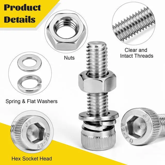 Alt view image 3 of 7 - 172pcs M6 Screws Assortment kit, M6x8/10/12/16/20/25/30/35 mm Hex Socket Head Bolts Assorted Kit, 304 Stainless Steel Screw Set with Nuts, Flat & Lock Washers