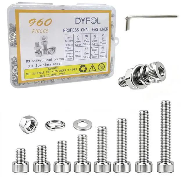Main image of 960PCS M3 Screws Assortment Kit, M3x6/8/10/12/16/20/25/30 mm Hex Socket Head Bolts, Nuts & Washers Assorted Set - 304 Stainless Steel M3 Screw for 3D Printer,DIY(960, M3)