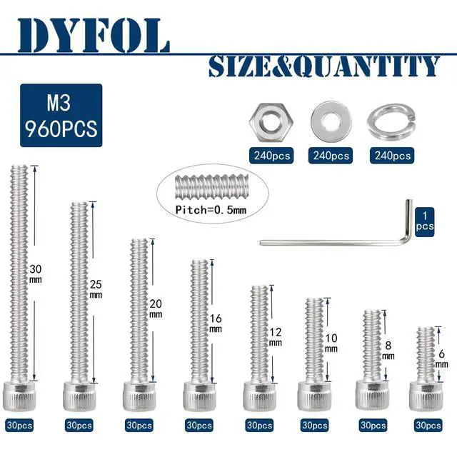 Alt view image 2 of 6 - 960PCS M3 Screws Assortment Kit, M3x6/8/10/12/16/20/25/30 mm Hex Socket Head Bolts, Nuts & Washers Assorted Set - 304 Stainless Steel M3 Screw for 3D Printer,DIY(960, M3)