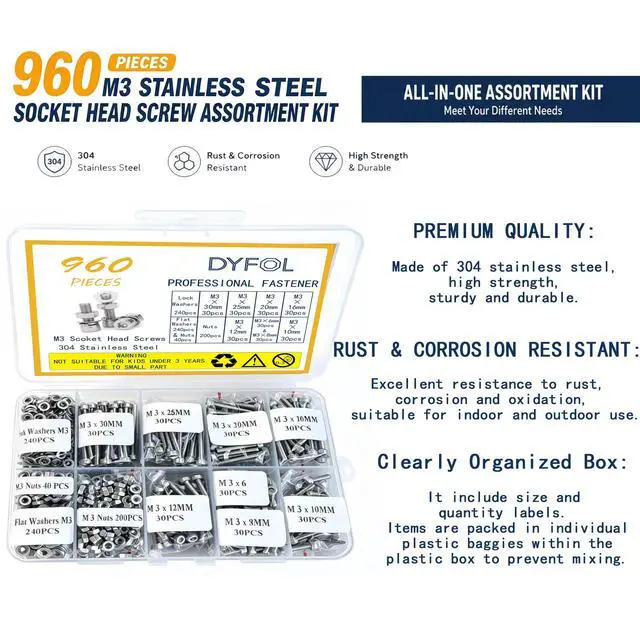 Alt view image 3 of 6 - 960PCS M3 Screws Assortment Kit, M3x6/8/10/12/16/20/25/30 mm Hex Socket Head Bolts, Nuts & Washers Assorted Set - 304 Stainless Steel M3 Screw for 3D Printer,DIY(960, M3)