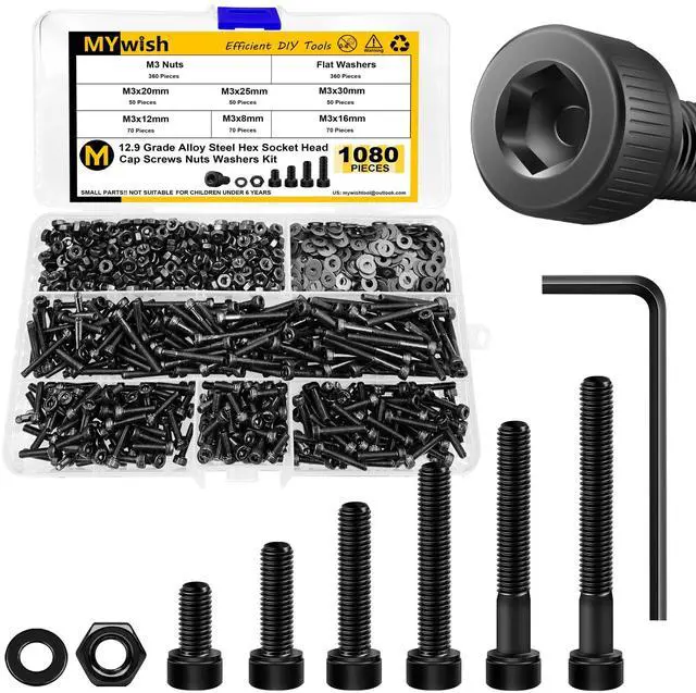 Main image of M3 Screw Kit, Metric Bolt Assortment M3 Nuts Washers, 1080 Pcs Metric Screw Assortment Kit, Hex Socket Head Cap Black Bolts and Nuts Kit, 12.9 Alloy Steel, Zinc Plated, 8mm to 30mm