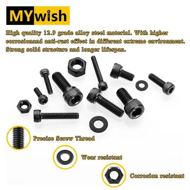 Alt view image 3 of 7 - M3 Screw Kit, Metric Bolt Assortment M3 Nuts Washers, 1080 Pcs Metric Screw Assortment Kit, Hex Socket Head Cap Black Bolts and Nuts Kit, 12.9 Alloy Steel, Zinc Plated, 8mm to 30mm