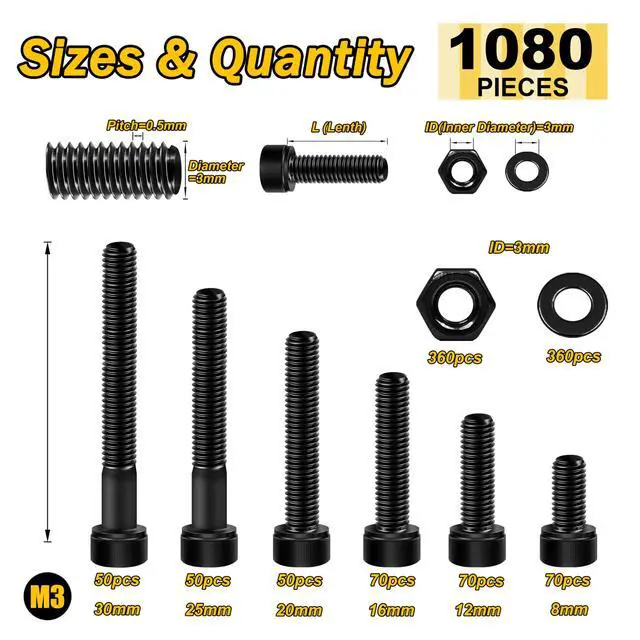 Alt view image 2 of 7 - M3 Screw Kit, Metric Bolt Assortment M3 Nuts Washers, 1080 Pcs Metric Screw Assortment Kit, Hex Socket Head Cap Black Bolts and Nuts Kit, 12.9 Alloy Steel, Zinc Plated, 8mm to 30mm