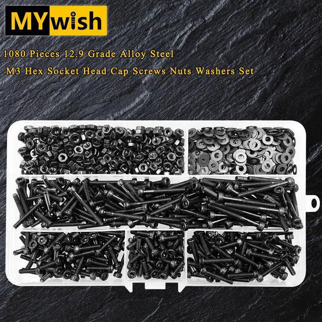 Alt view image 7 of 7 - M3 Screw Kit, Metric Bolt Assortment M3 Nuts Washers, 1080 Pcs Metric Screw Assortment Kit, Hex Socket Head Cap Black Bolts and Nuts Kit, 12.9 Alloy Steel, Zinc Plated, 8mm to 30mm