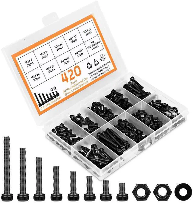 Main image of 420pcs M3 Screw Kit, Premium M3 Bolts for 3D Printing, Hex Socket Head Cap Screw Assortment with Nuts and Washers, M3 x 6mm /8mm /10mm /12mm /16mm /20mm /25mm (Black)