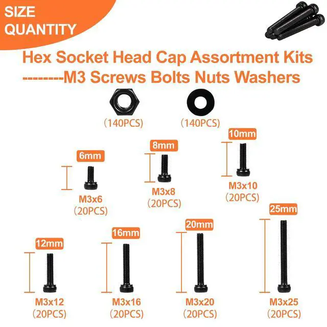 Alt view image 2 of 5 - 420pcs M3 Screw Kit, Premium M3 Bolts for 3D Printing, Hex Socket Head Cap Screw Assortment with Nuts and Washers, M3 x 6mm /8mm /10mm /12mm /16mm /20mm /25mm (Black)