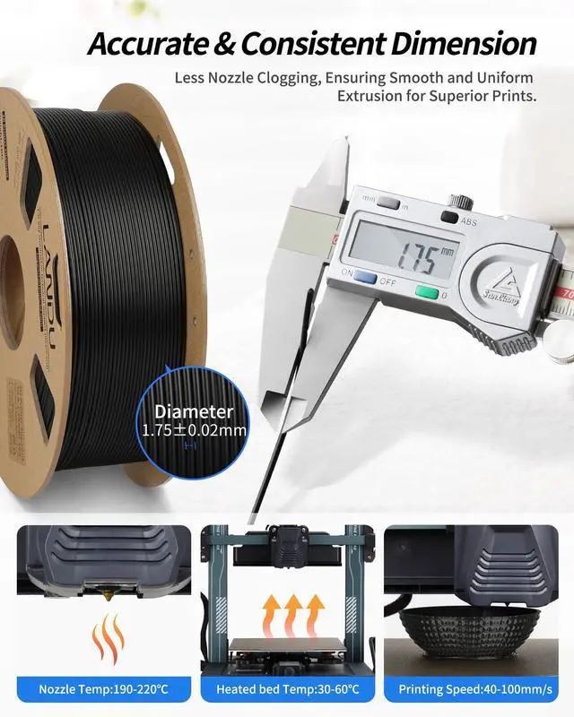 Alt view image 4 of 7 - PLA Filament 1.75mm Black 1KG, 3D Printer Filament 1kg Cardboard Spool(2.2lbs), Dimensional Accuracy +/- 0.02mm, Neatly Wound 3D Printing Filament Fits for Most FFF 3D Printers, Black PLA