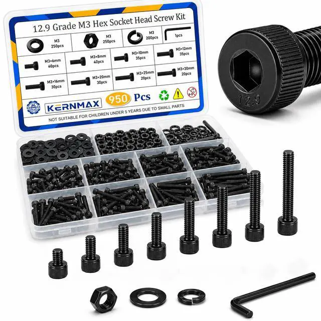 Main image of 950PCS M3 Screws Assortment Kit, M3x6/8/10/12/16/20/25/30mm Hex Socket Head Cap Bolts Nuts Washers Set, 12.9 Alloy Steel Black Oxide M3 Metric Screw for 3D Printer, Electronic