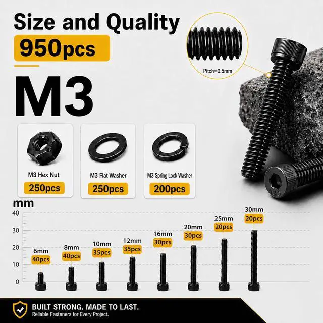Alt view image 2 of 7 - 950PCS M3 Screws Assortment Kit, M3x6/8/10/12/16/20/25/30mm Hex Socket Head Cap Bolts Nuts Washers Set, 12.9 Alloy Steel Black Oxide M3 Metric Screw for 3D Printer, Electronic