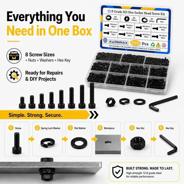 Alt view image 5 of 7 - 950PCS M3 Screws Assortment Kit, M3x6/8/10/12/16/20/25/30mm Hex Socket Head Cap Bolts Nuts Washers Set, 12.9 Alloy Steel Black Oxide M3 Metric Screw for 3D Printer, Electronic