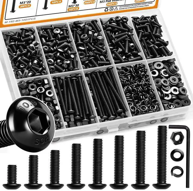 Main image of 1001PCS M3 Screws,Hex Socket Button Head Bolt Assortment Kit M3 x 6/8/10/12/16/20/25/30mm Machine Screws with Nuts Washers 10.9 Alloy Steel Button Head Socket Cap Screws