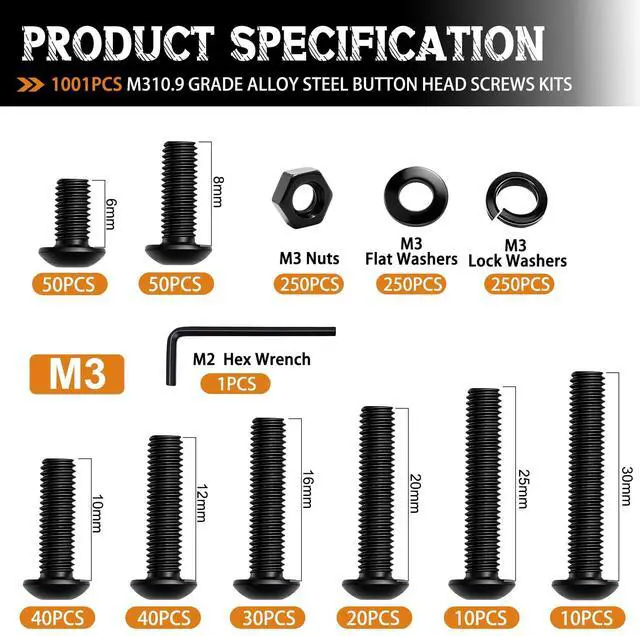 Alt view image 2 of 6 - 1001PCS M3 Screws,Hex Socket Button Head Bolt Assortment Kit M3 x 6/8/10/12/16/20/25/30mm Machine Screws with Nuts Washers 10.9 Alloy Steel Button Head Socket Cap Screws