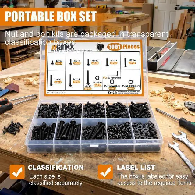 Alt view image 4 of 6 - 1001PCS M3 Screws,Hex Socket Button Head Bolt Assortment Kit M3 x 6/8/10/12/16/20/25/30mm Machine Screws with Nuts Washers 10.9 Alloy Steel Button Head Socket Cap Screws