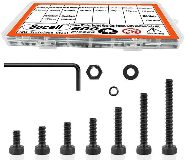 Main image of 600pcs M3 Screw Assortment Kit,M3 Screws (8 Sizes 6-30mm) for 3D Printer DIY,Hex Socket Head Cap Screws Bolts Nuts Washer Kit,12.9 Grade Alloy Steel,Black Oxide,M3-0.5 x 6/8/10/12/16/20/25/30mm