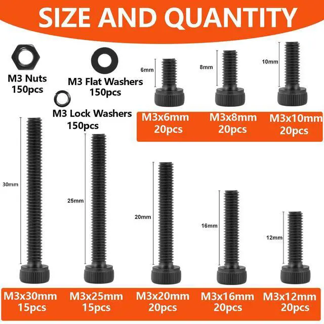 Alt view image 2 of 5 - 600pcs M3 Screw Assortment Kit,M3 Screws (8 Sizes 6-30mm) for 3D Printer DIY,Hex Socket Head Cap Screws Bolts Nuts Washer Kit,12.9 Grade Alloy Steel,Black Oxide,M3-0.5 x 6/8/10/12/16/20/25/30mm
