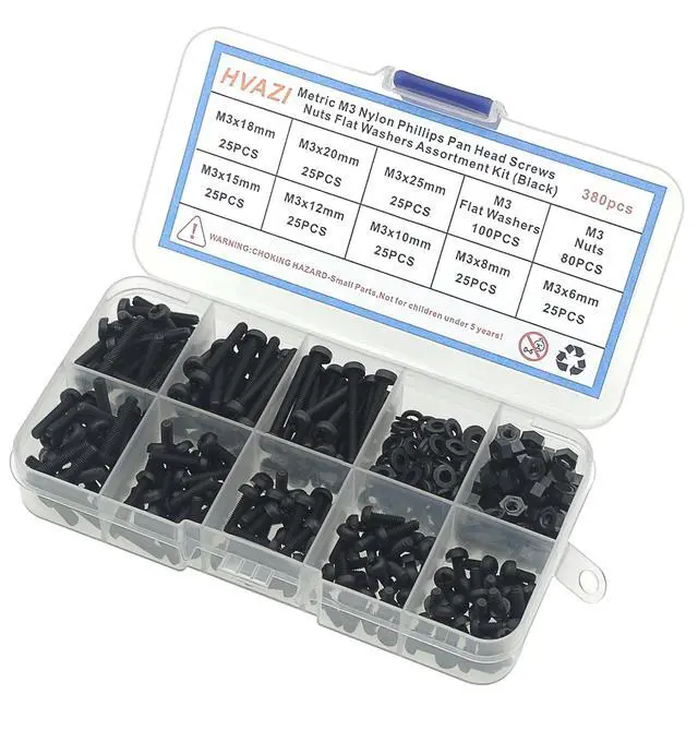 Alt view image 4 of 7 - Metric M3 Black Nylon Phillips Pan-Head Screws, Nuts & Washers Kit