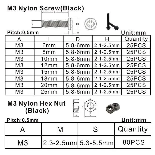 Alt view image 2 of 7 - Metric M3 Black Nylon Phillips Pan-Head Screws, Nuts & Washers Kit