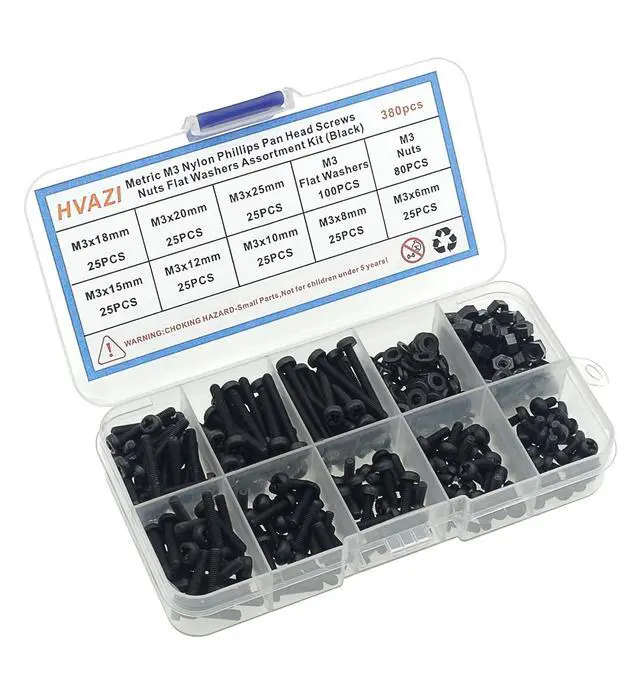 Alt view image 6 of 7 - Metric M3 Black Nylon Phillips Pan-Head Screws, Nuts & Washers Kit