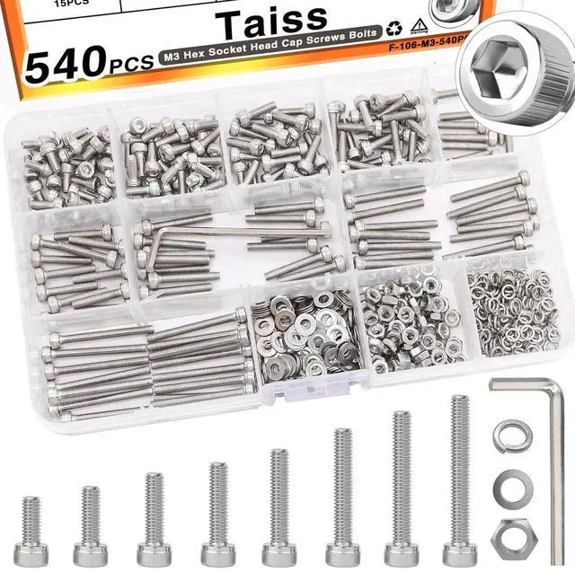 Main image of 540PCS M3 Screw Kit,8 Sizes M3 x 6mm/8mm/10mm/12mm/16mm/20mm/25mm/30mm 304 Stainless Steel Hex Socket Head Cap Screws Bolts Washers Nuts Kit,Small Metric Screws