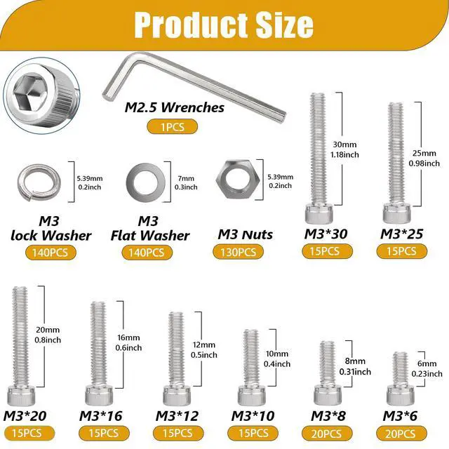 Alt view image 2 of 6 - 540PCS M3 Screw Kit,8 Sizes M3 x 6mm/8mm/10mm/12mm/16mm/20mm/25mm/30mm 304 Stainless Steel Hex Socket Head Cap Screws Bolts Washers Nuts Kit,Small Metric Screws