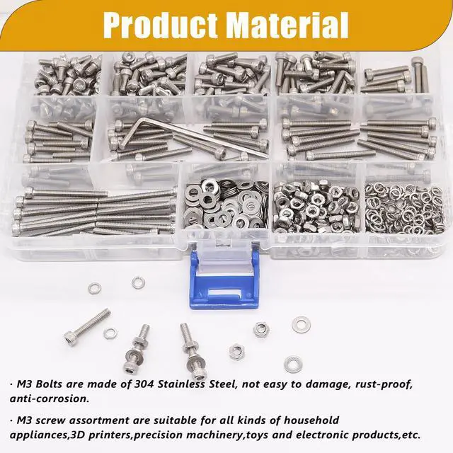 Alt view image 4 of 6 - 540PCS M3 Screw Kit,8 Sizes M3 x 6mm/8mm/10mm/12mm/16mm/20mm/25mm/30mm 304 Stainless Steel Hex Socket Head Cap Screws Bolts Washers Nuts Kit,Small Metric Screws