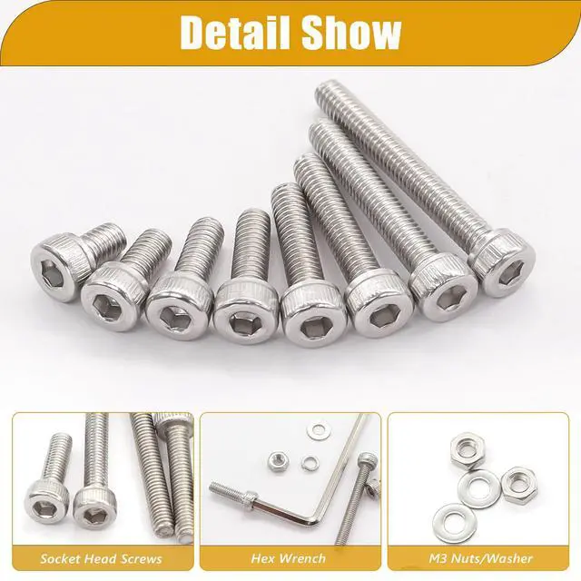 Alt view image 3 of 6 - 540PCS M3 Screw Kit,8 Sizes M3 x 6mm/8mm/10mm/12mm/16mm/20mm/25mm/30mm 304 Stainless Steel Hex Socket Head Cap Screws Bolts Washers Nuts Kit,Small Metric Screws