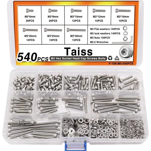 Alt view image 6 of 6 - 540PCS M3 Screw Kit,8 Sizes M3 x 6mm/8mm/10mm/12mm/16mm/20mm/25mm/30mm 304 Stainless Steel Hex Socket Head Cap Screws Bolts Washers Nuts Kit,Small Metric Screws